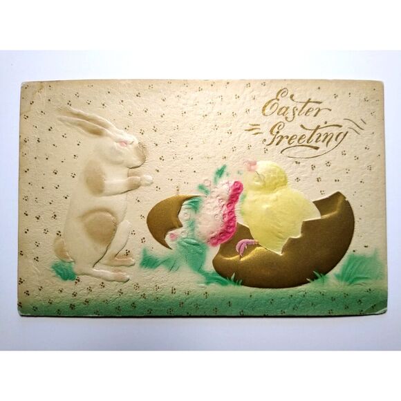 The Unbranded Brand Other - Easter Postcard Thick 3D Raised Image White Rabbit Baby Chick Airbrushed Vintage